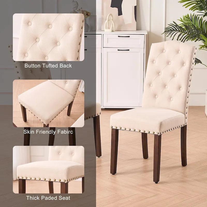 Chaises de salle à manger capitonnées à haut dossier en tissu avec garniture cloutée, lot de 2