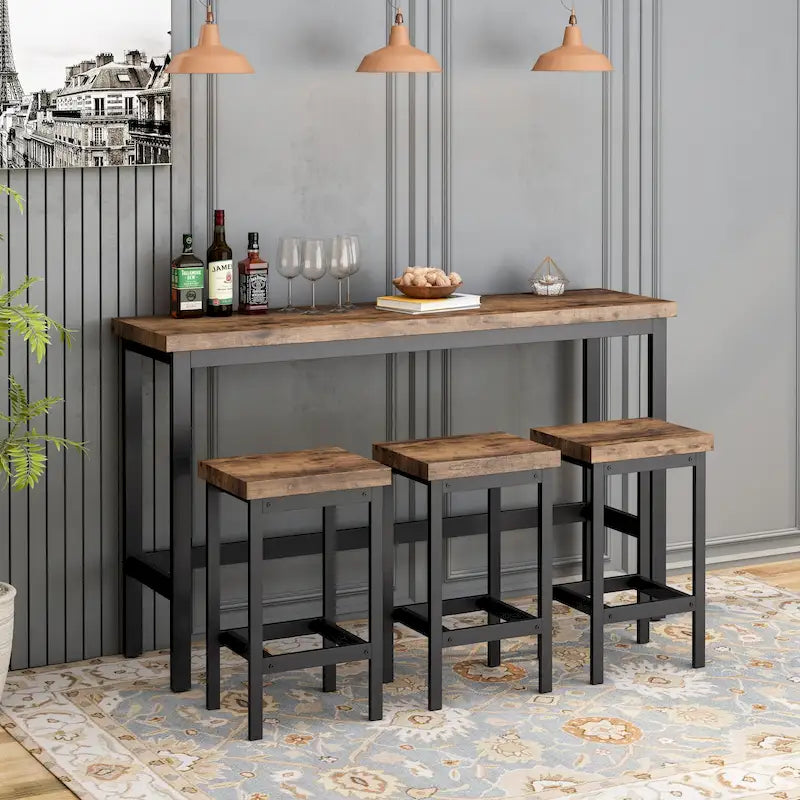 Ensemble Table de bar/comptoir extra longue avec 3 tabourets, Ensemble de cuisine de pub, Table d'appoint avec repose-pieds