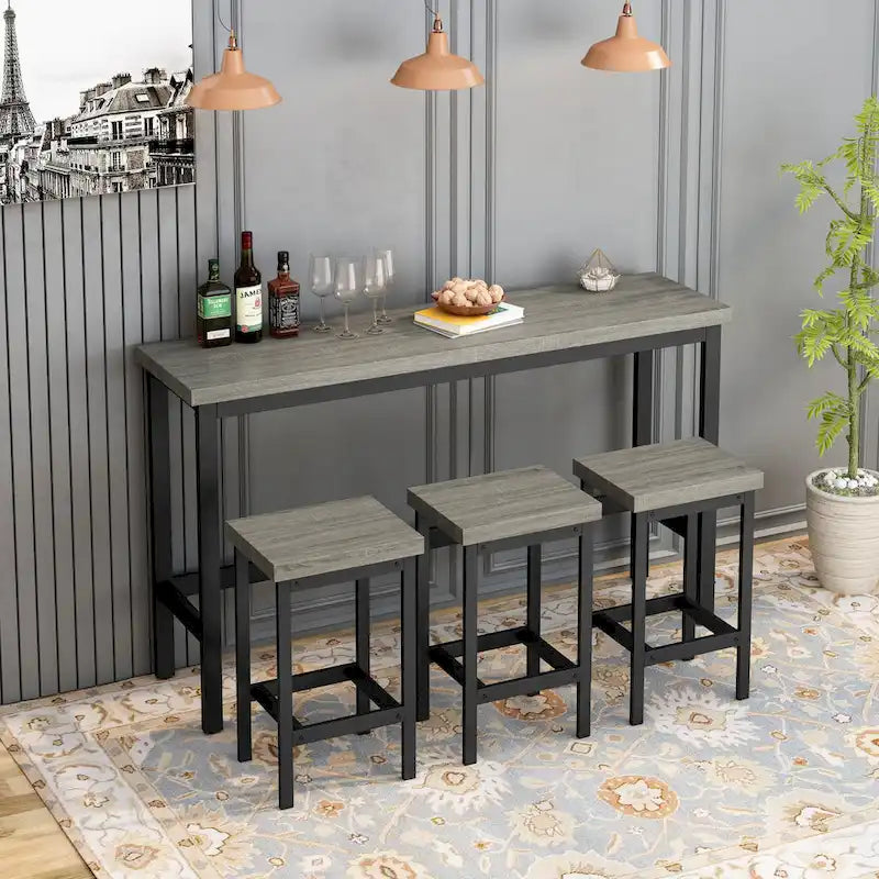 Ensemble Table de bar/comptoir extra longue avec 3 tabourets, Ensemble de cuisine de pub, Table d'appoint avec repose-pieds