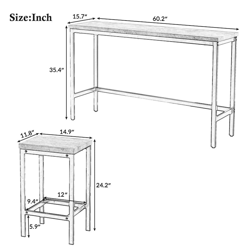 Ensemble Table de bar/comptoir extra longue avec 3 tabourets, Ensemble de cuisine de pub, Table d'appoint avec repose-pieds