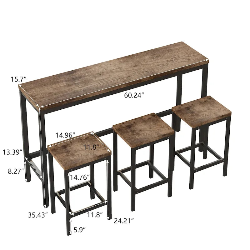 Ensemble Table de bar/comptoir extra longue avec 3 tabourets, Ensemble de cuisine de pub, Table d'appoint avec repose-pieds