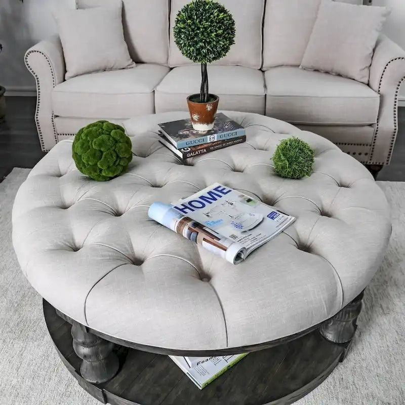 Table basse ronde rustique en tissu capitonné de 48 pouces à 1 étagère