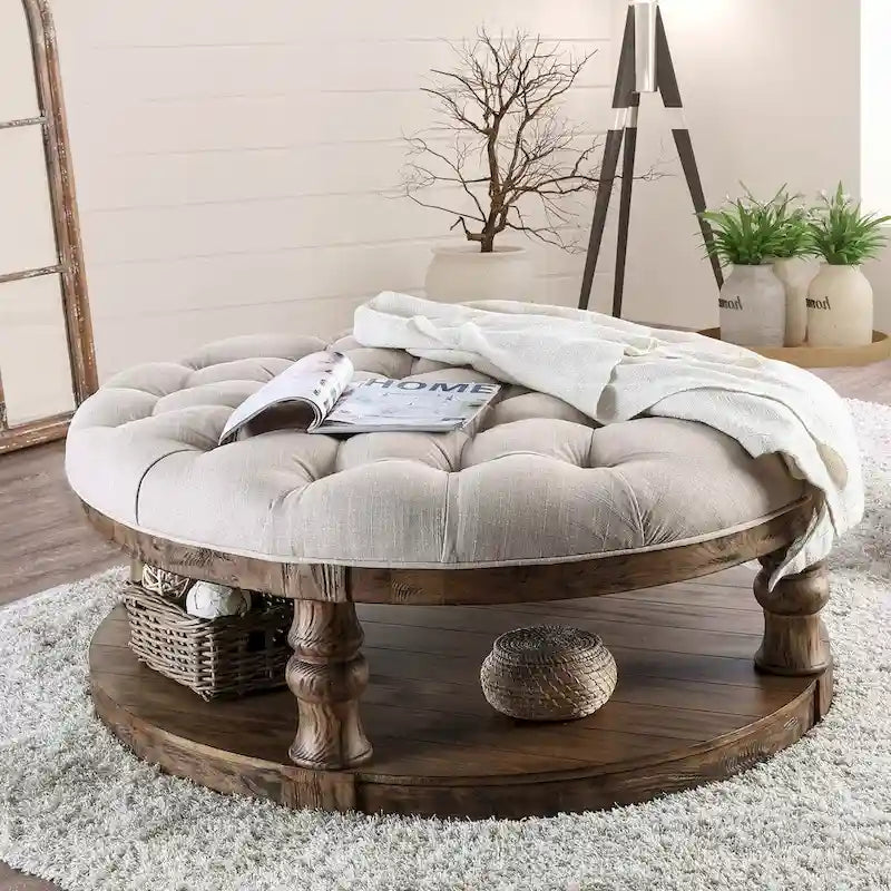 Table basse ronde rustique en tissu capitonné de 48 pouces à 1 étagère