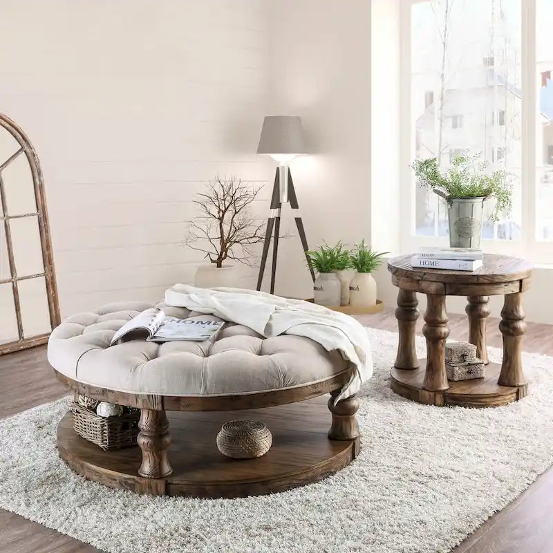Table basse ronde rustique en tissu capitonné de 48 pouces à 1 étagère