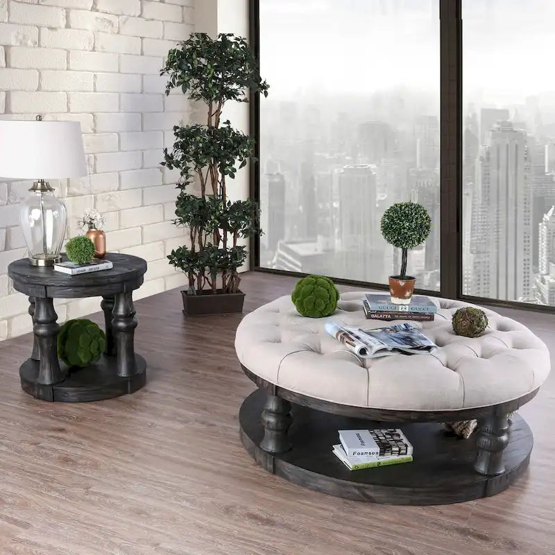 Table basse ronde rustique en tissu capitonné de 48 pouces à 1 étagère