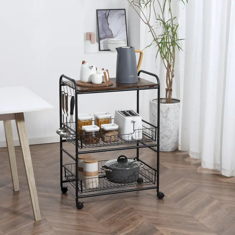 Chariot de cuisine roulant à 3 niveaux 24, chariot de rangement utilitaire avec 2 tiroirs à paniers, crochets latéraux pour salle à manger
