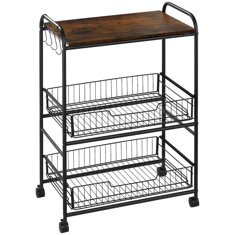 Chariot de cuisine roulant à 3 niveaux 24, chariot de rangement utilitaire avec 2 tiroirs à paniers, crochets latéraux pour salle à manger