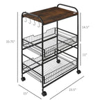 Chariot de cuisine roulant à 3 niveaux 24, chariot de rangement utilitaire avec 2 tiroirs à paniers, crochets latéraux pour salle à manger