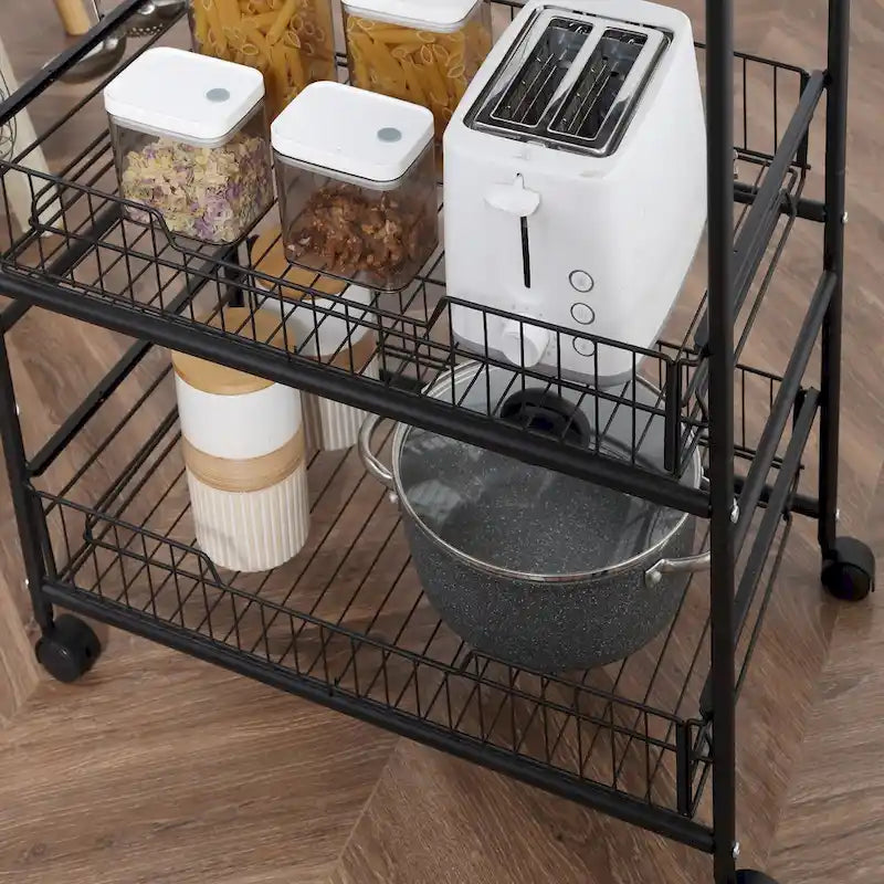 Chariot de cuisine roulant à 3 niveaux 24, chariot de rangement utilitaire avec 2 tiroirs à paniers, crochets latéraux pour salle à manger