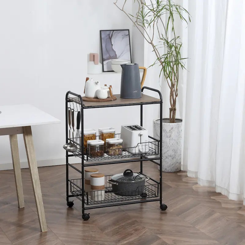 Chariot de cuisine roulant à 3 niveaux 24, chariot de rangement utilitaire avec 2 tiroirs à paniers, crochets latéraux pour salle à manger