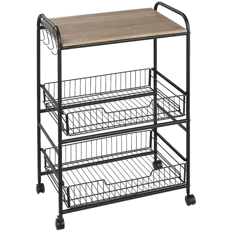 Chariot de cuisine roulant à 3 niveaux 24, chariot de rangement utilitaire avec 2 tiroirs à paniers, crochets latéraux pour salle à manger
