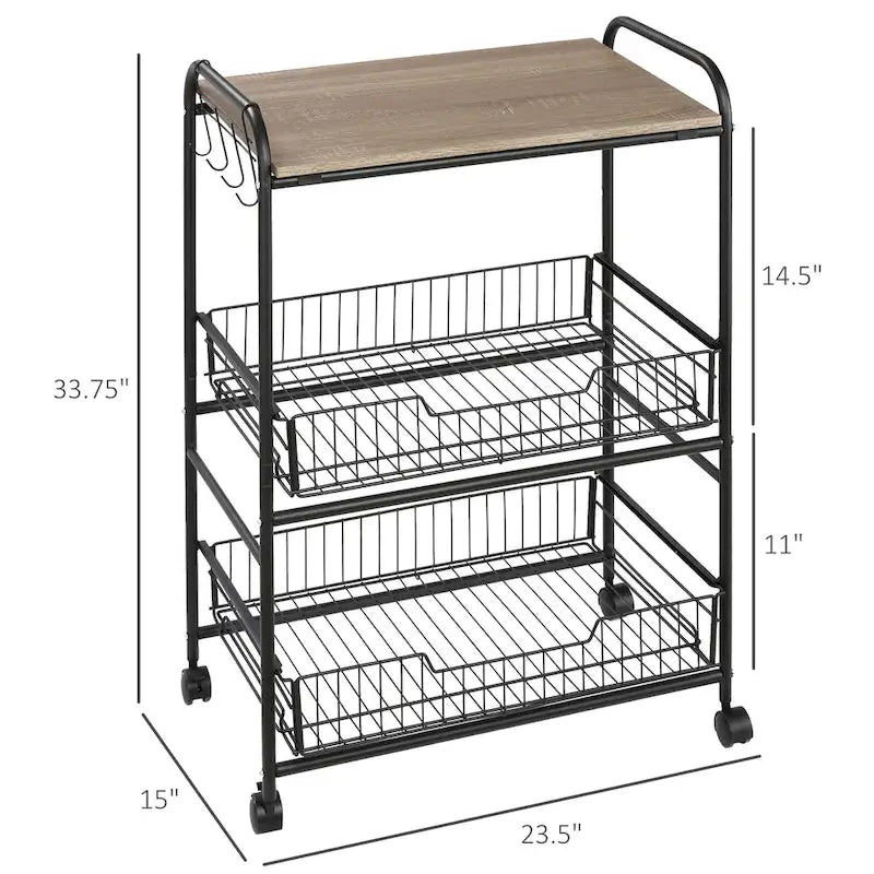 Chariot de cuisine roulant à 3 niveaux 24, chariot de rangement utilitaire avec 2 tiroirs à paniers, crochets latéraux pour salle à manger