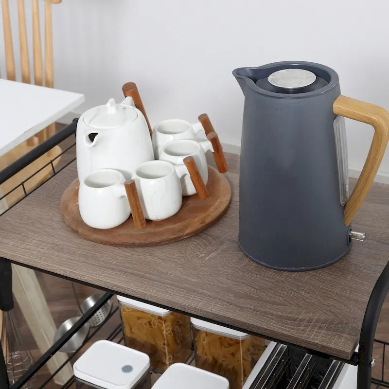 Chariot de cuisine roulant à 3 niveaux 24, chariot de rangement utilitaire avec 2 tiroirs à paniers, crochets latéraux pour salle à manger