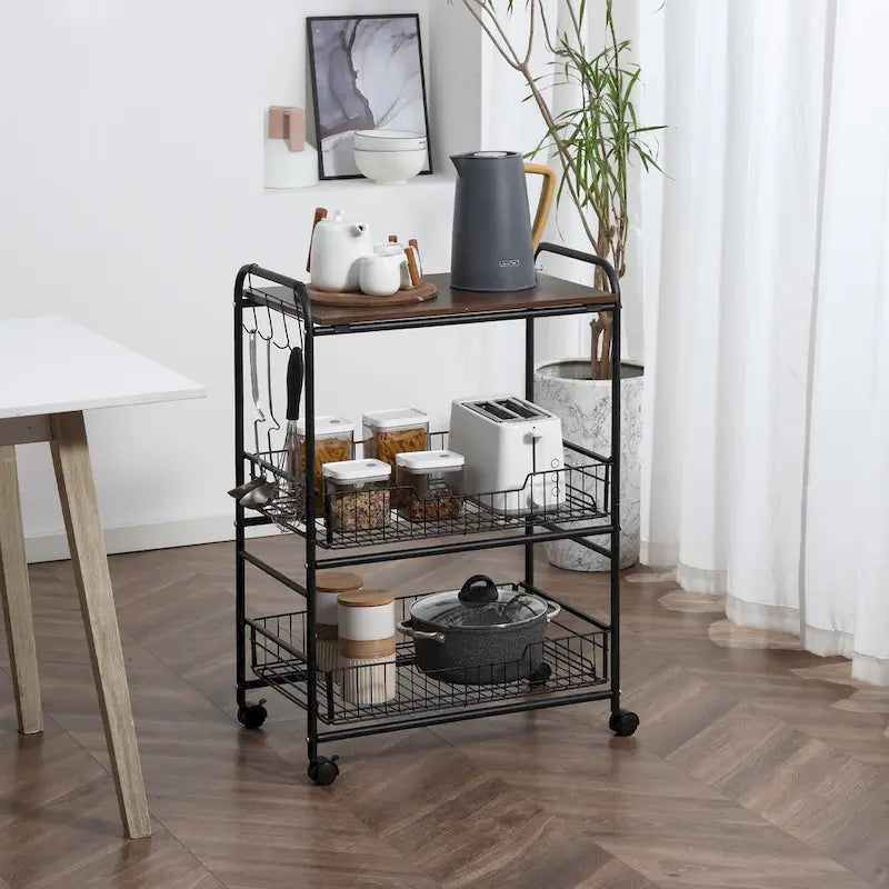Chariot de cuisine roulant à 3 niveaux 24, chariot de rangement utilitaire avec 2 tiroirs à paniers, crochets latéraux pour salle à manger