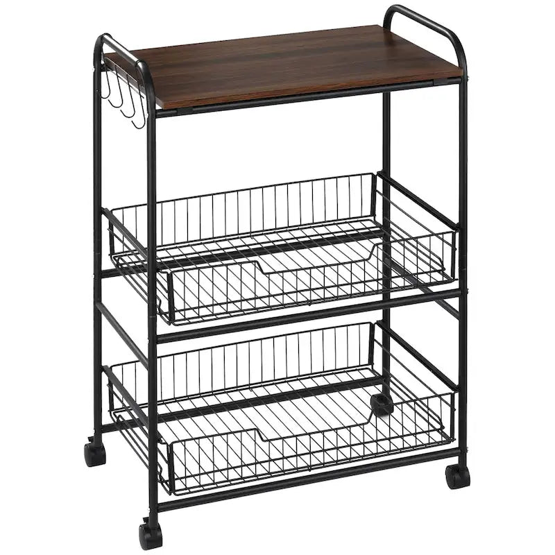 Chariot de cuisine roulant à 3 niveaux 24, chariot de rangement utilitaire avec 2 tiroirs à paniers, crochets latéraux pour salle à manger