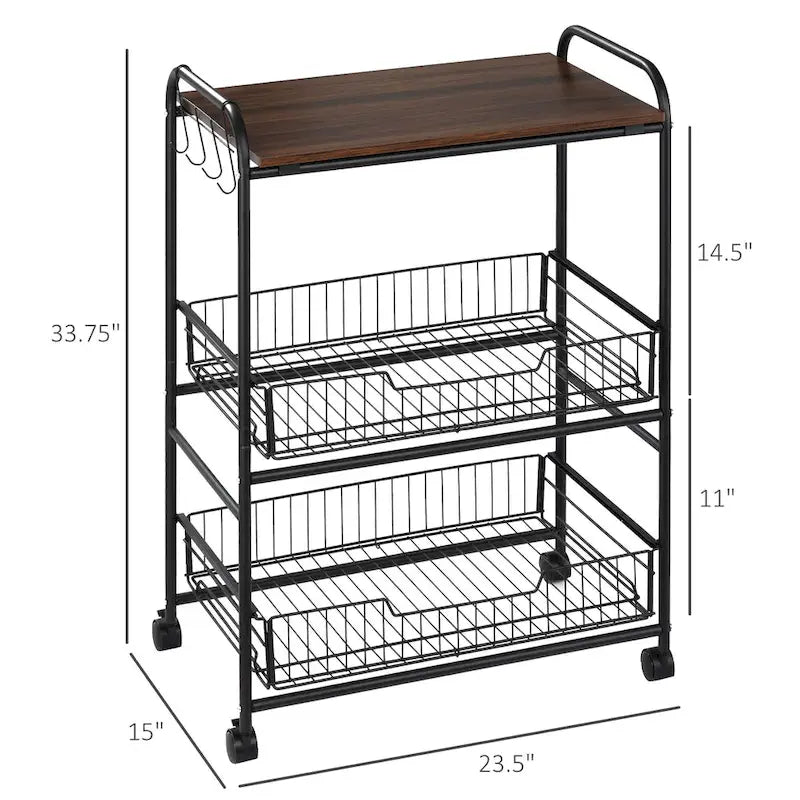 Chariot de cuisine roulant à 3 niveaux 24, chariot de rangement utilitaire avec 2 tiroirs à paniers, crochets latéraux pour salle à manger