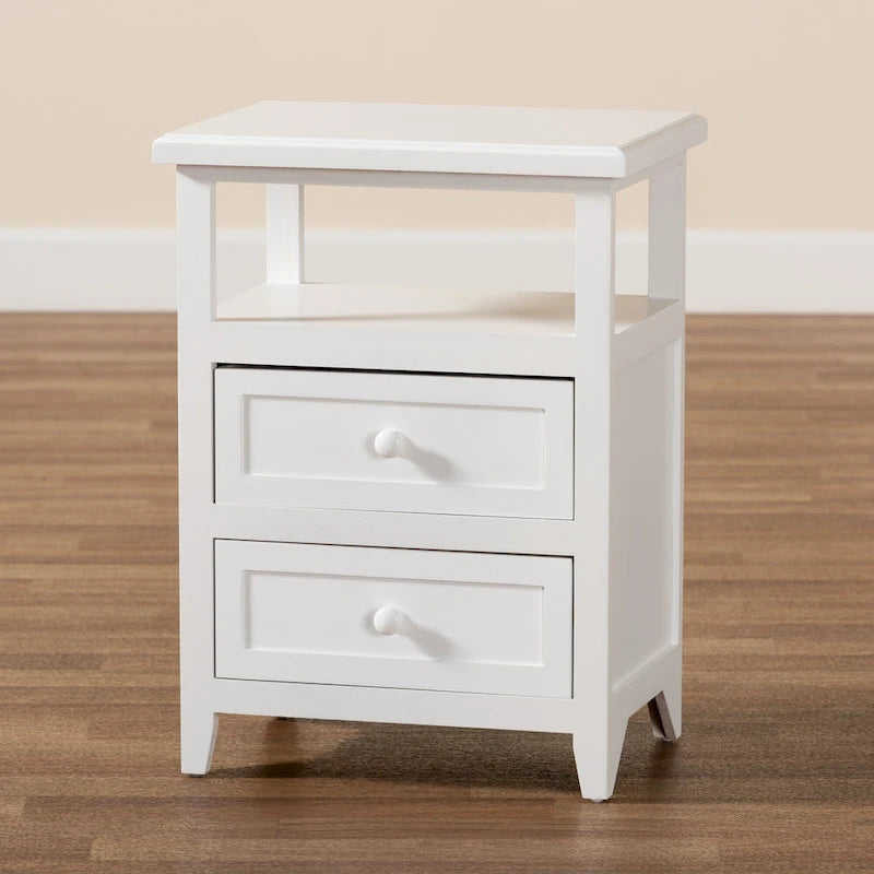 Table de bout Karsen en bois blanc au fini moderne et contemporain à 2 tiroirs