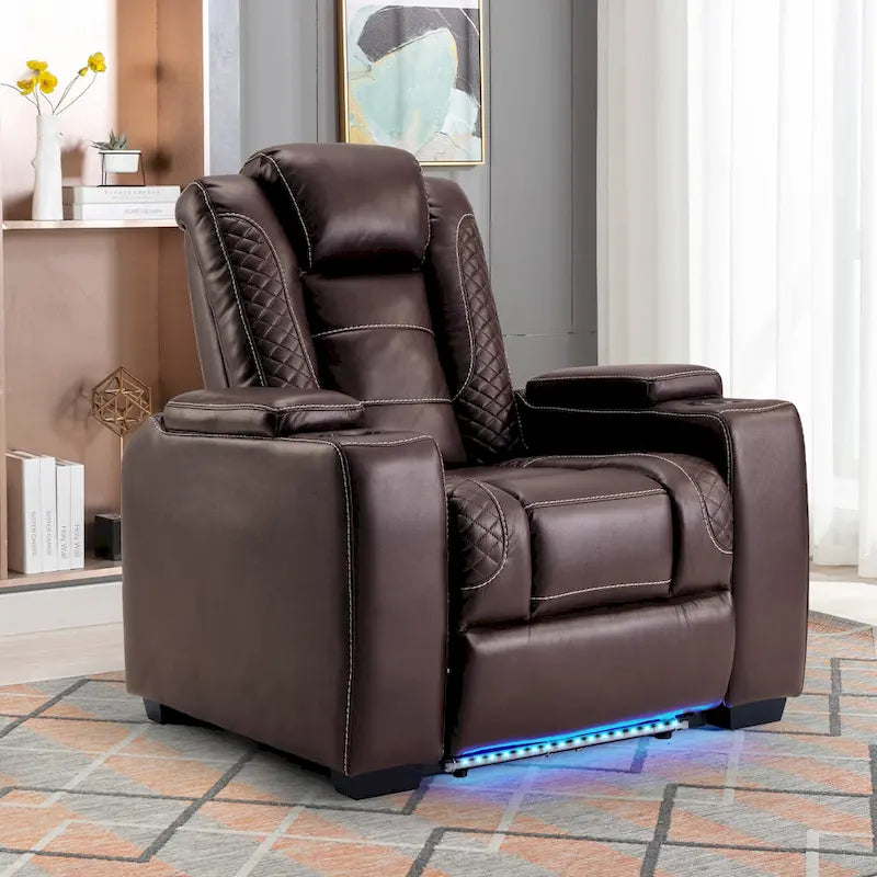 Fauteuil inclinable électrique avec appuie-tête réglable, ports USB et porte-gobelets, rangement dissimulé dans les accoudoirs pour cinéma maison