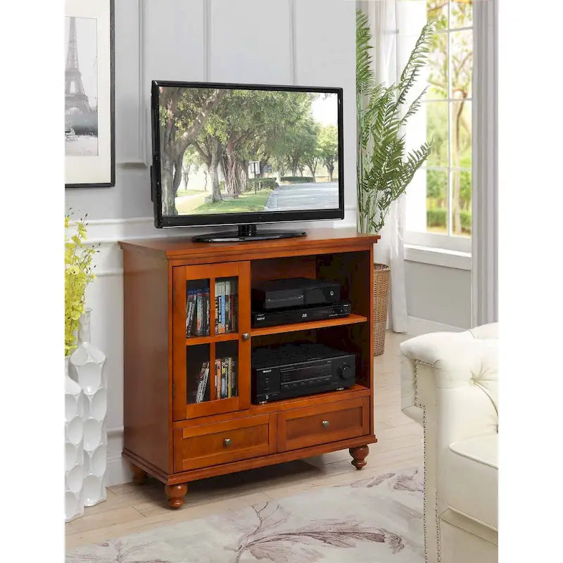 Meuble TV Highboy 40 po à 2 tiroirs avec armoire de rangement et étagères