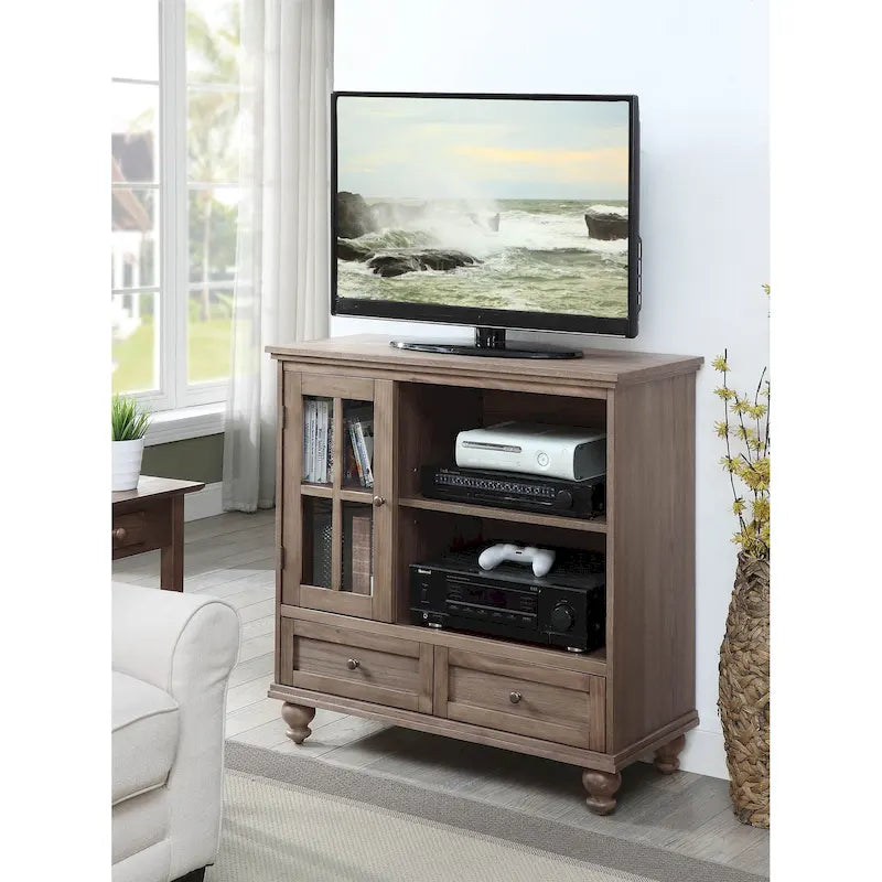 Meuble TV Highboy 40 po à 2 tiroirs avec armoire de rangement et étagères