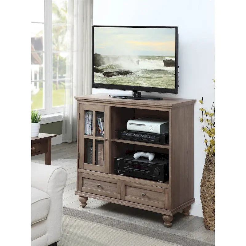 Meuble TV Highboy 40 po à 2 tiroirs avec armoire de rangement et étagères