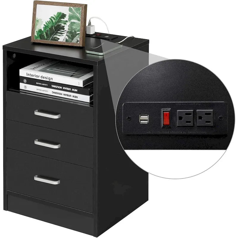Table de chevet 3 tiroirs Rangement ouvert Station de charge