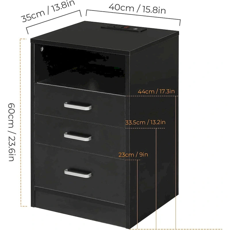 Table de chevet 3 tiroirs Rangement ouvert Station de charge