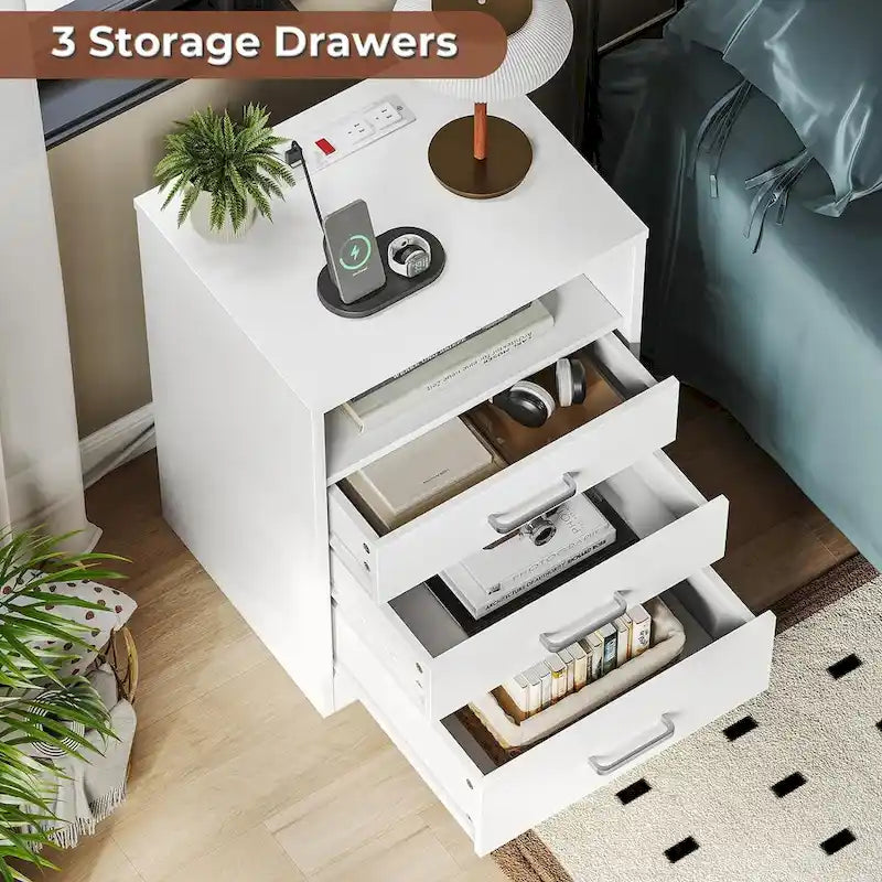 Table de chevet 3 tiroirs Rangement ouvert Station de charge