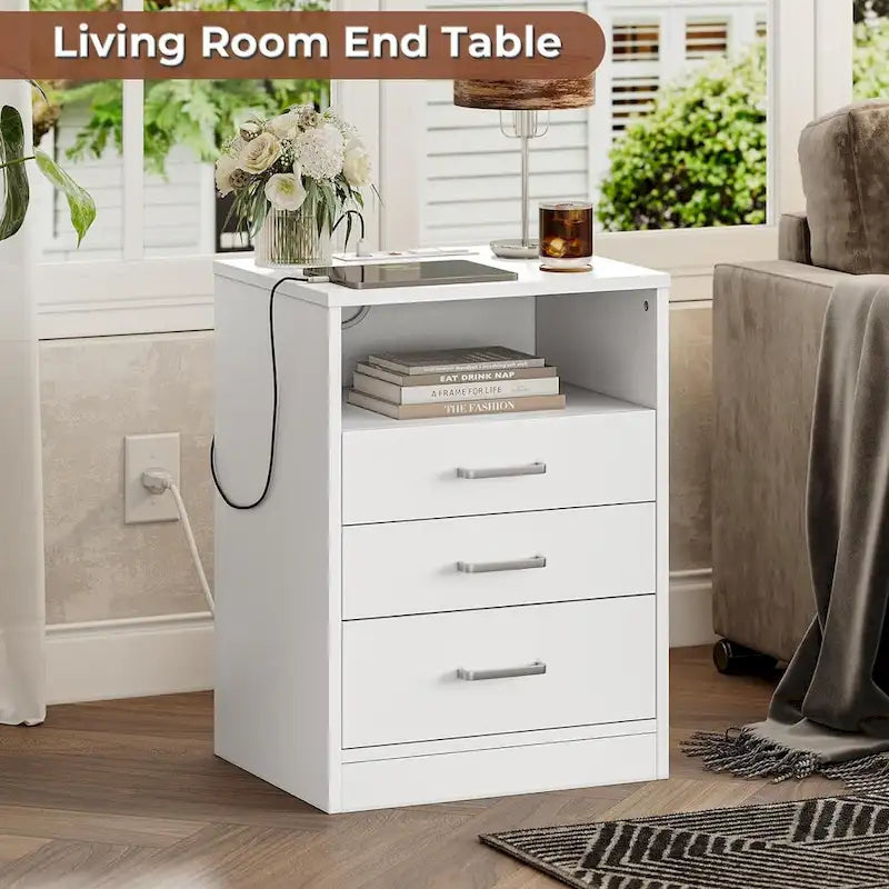 Table de chevet 3 tiroirs Rangement ouvert Station de charge