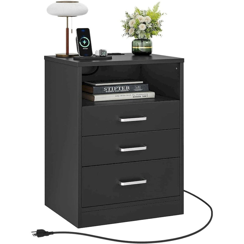 Table de chevet 3 tiroirs Rangement ouvert Station de charge