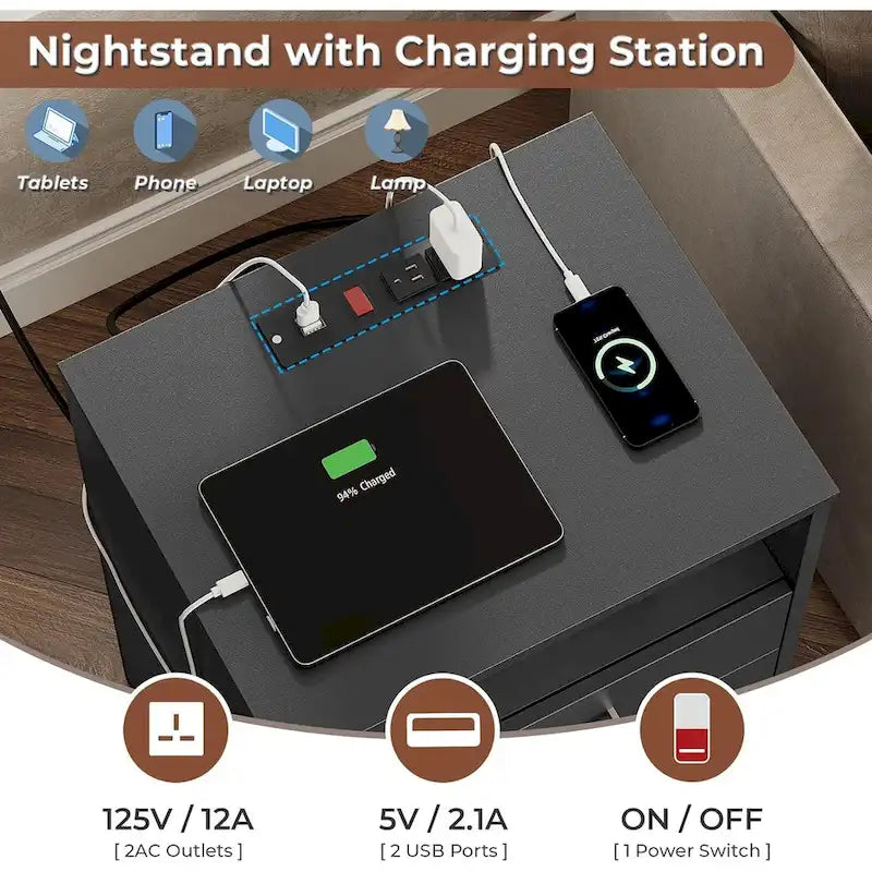 Table de chevet 3 tiroirs Rangement ouvert Station de charge