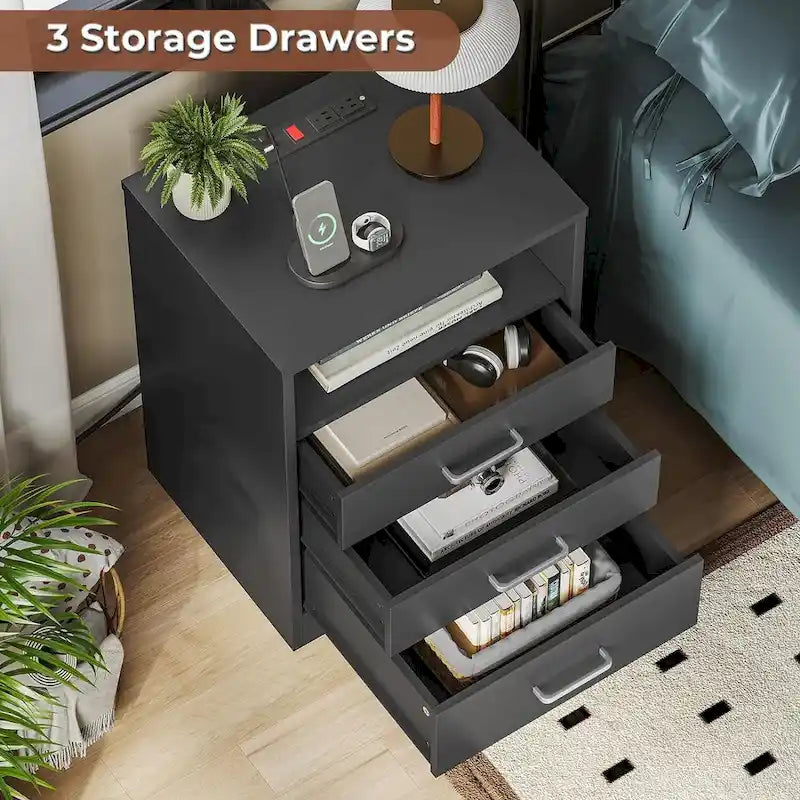 Table de chevet 3 tiroirs Rangement ouvert Station de charge