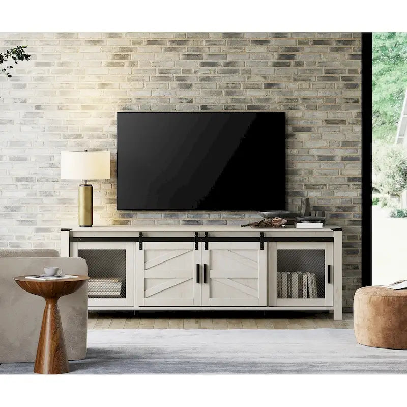 Meuble TV bas avec portes de grange coulissantes pour téléviseur de 75 pouces