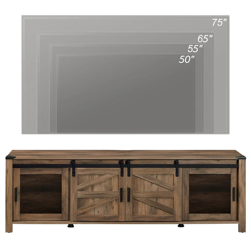 Meuble TV bas avec portes de grange coulissantes pour téléviseur de 75 pouces