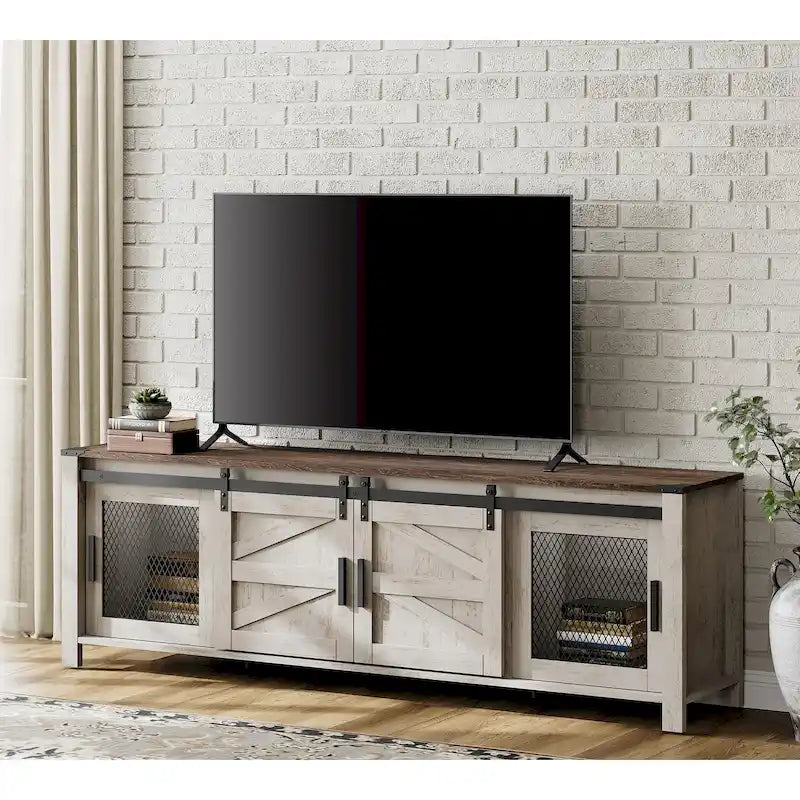 Meuble TV bas avec portes de grange coulissantes pour téléviseur de 75 pouces
