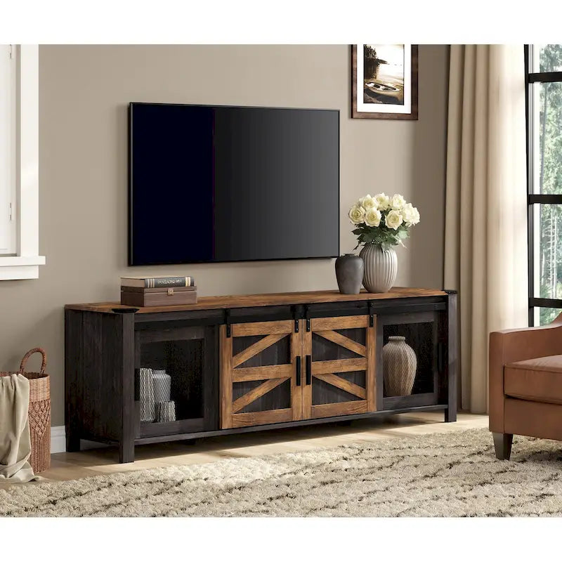 Meuble TV bas avec portes de grange coulissantes pour téléviseur de 75 pouces