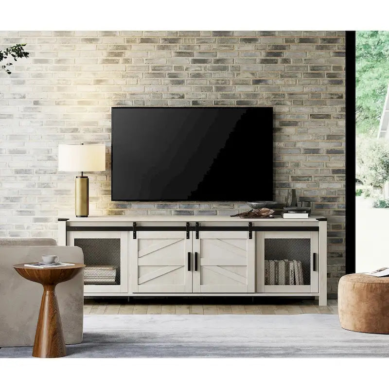 Meuble TV bas avec portes de grange coulissantes pour téléviseur de 75 pouces