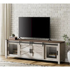 Meuble TV bas avec portes de grange coulissantes pour téléviseur de 75 pouces