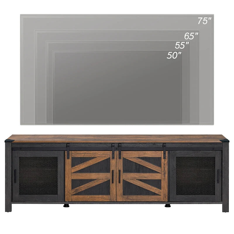 Meuble TV bas avec portes de grange coulissantes pour téléviseur de 75 pouces