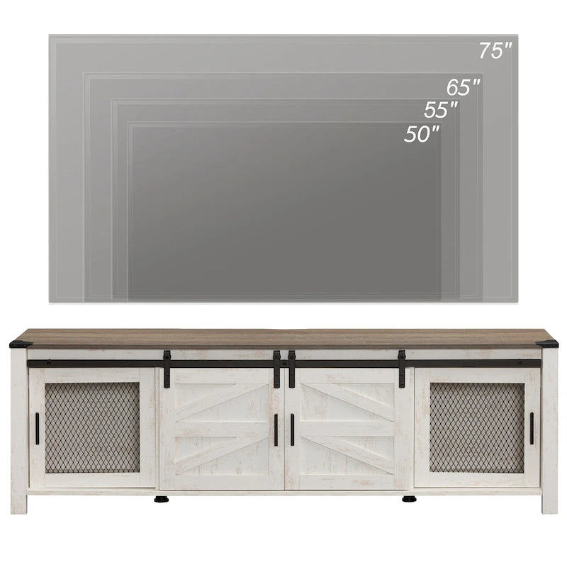 Meuble TV bas avec portes de grange coulissantes pour téléviseur de 75 pouces