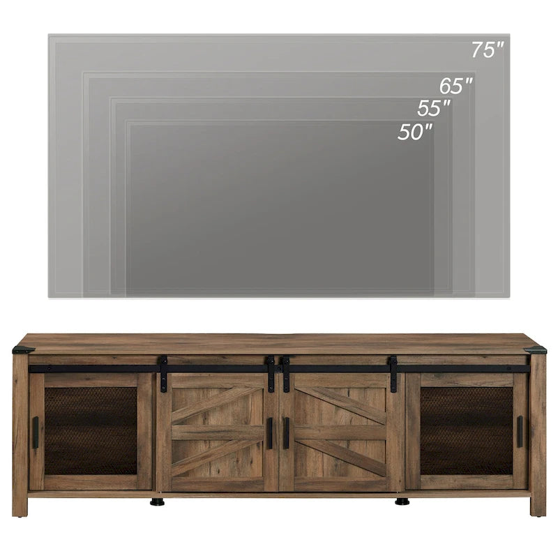 Meuble TV bas avec portes de grange coulissantes pour téléviseur de 75 pouces