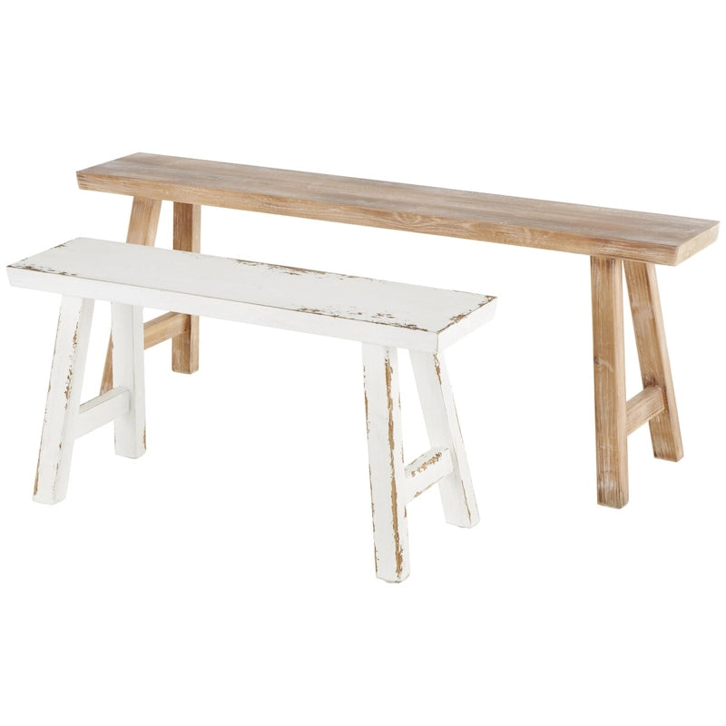 Banc en bois mince vieilli avec petit banc blanc - Lot de 2 marrons