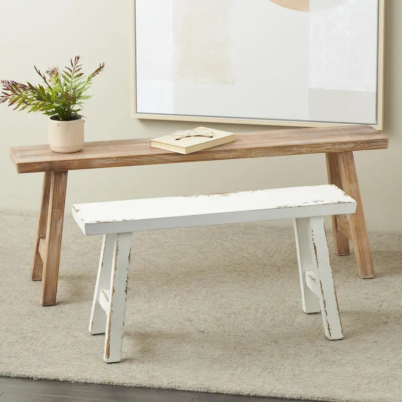 Banc en bois mince vieilli avec petit banc blanc - Lot de 2 marrons