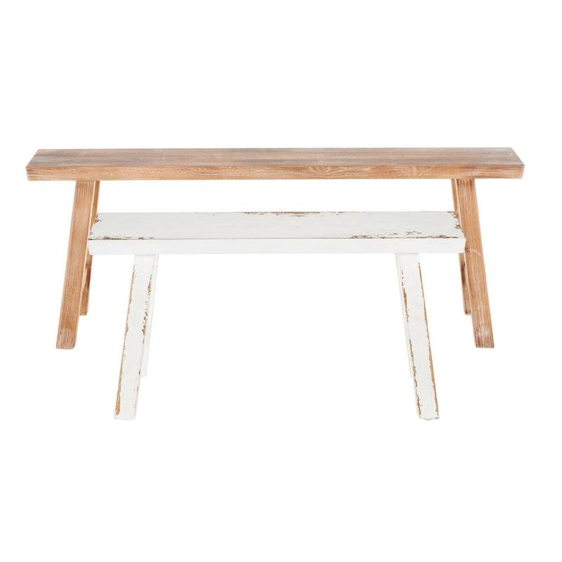 Banc en bois mince vieilli avec petit banc blanc - Lot de 2 marrons