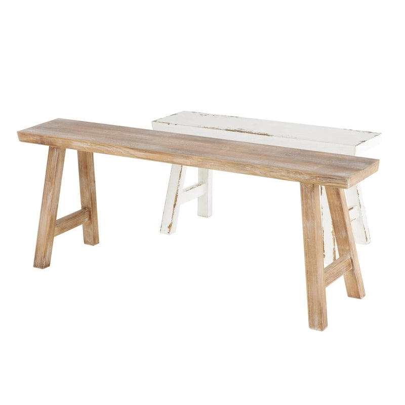 Banc en bois mince vieilli avec petit banc blanc - Lot de 2 marrons