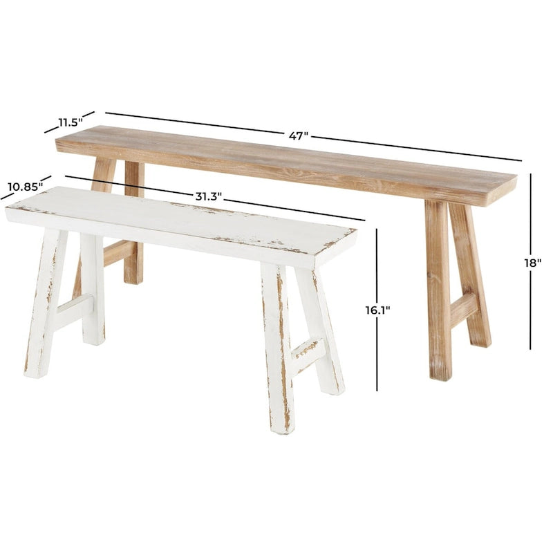 Banc en bois mince vieilli avec petit banc blanc - Lot de 2 marrons